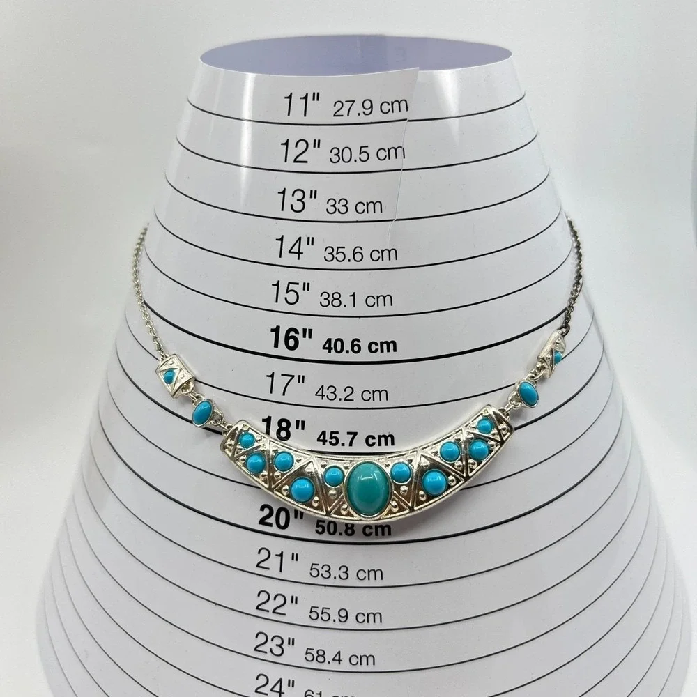 Vintage‎ Silver Tone Turquoise Color Cabochon Statement Bib Necklace Retro Boho